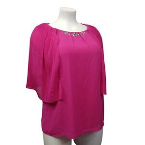 Milla Pink Embellished Neck Blouse Size 10 Pleated Flutter Sleeve Top